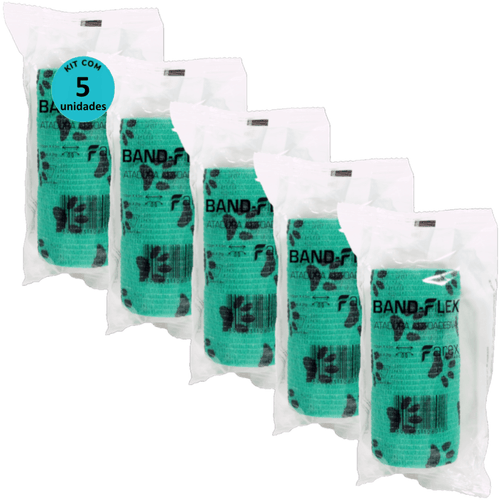 Atadura 10cm Verde Com Patinhas Band-Flex Autoadesiva Para Animais Farex Kit Com 5
